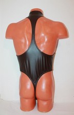 Men Thong Leotard 154-08 High Collar Racerback Brown Spandex Lether-like Size L