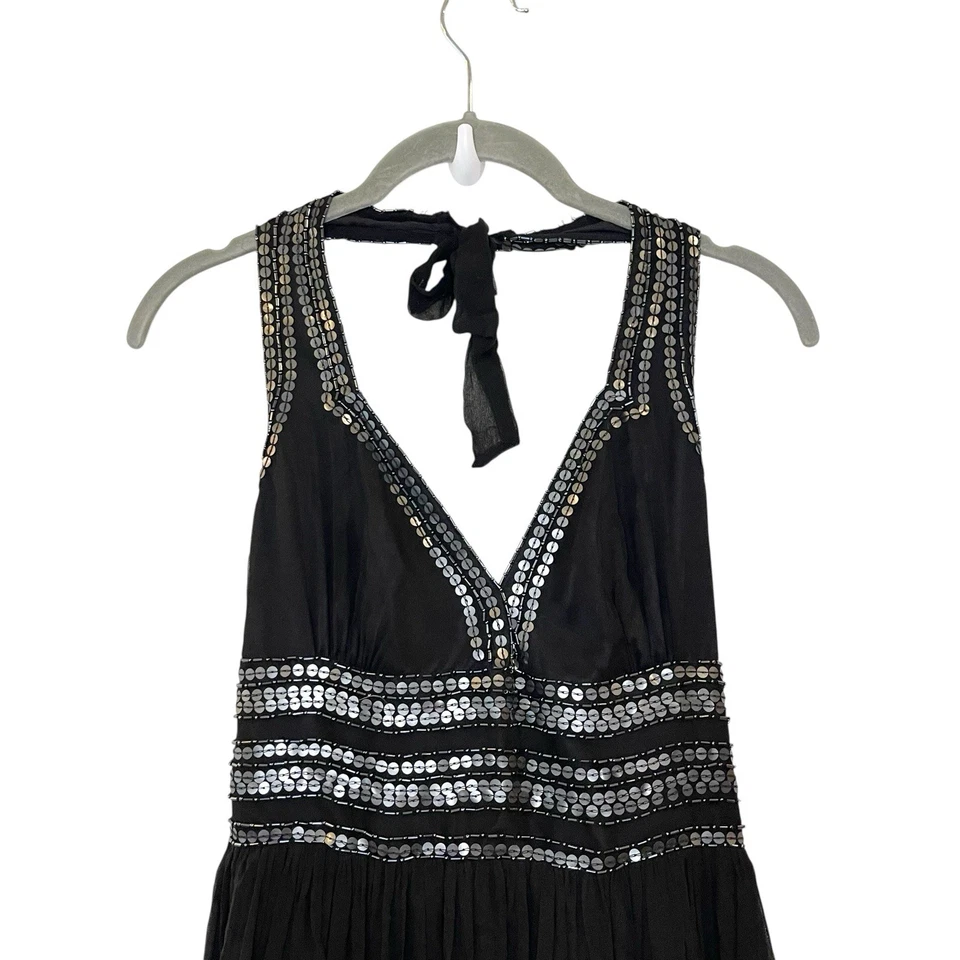 Vintage Beaded Adrianna Papell Evening Sequin 100% Silk Y2K Black Halter Maxi 4 - Image 3 of 4