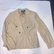 VTG Lauren Ralph Lauren Linen Silk Tweed Tan Blazer Petite Size 10P Medium USA
