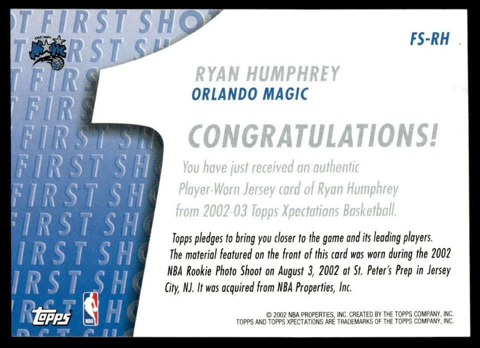 2002-03 Topps Xpectations First Shot Relics Ryan Humphrey Orlando Magic #FS-RH - Image 2 of 2