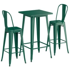 24" Square Emerald Metal Restaurant Bar Table Set with 2 Cafe Barstool
