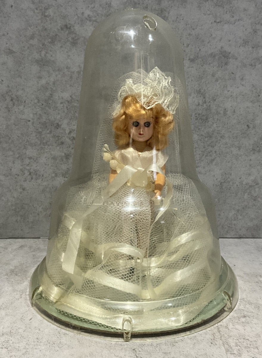 Vintage 1950s A & H Bride 8.5” Doll Hard Plastic Clear Bell Dome