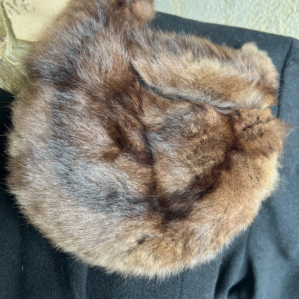 Vintage 1930s Black Wool Coat Brown Mink Fur Satin Liner Jacket Art Deco 1940s - Image 4 of 4