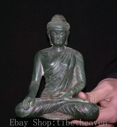 6" Old Chinese Green Jade Carving Buddhism Menla Medicine Buddha Statue