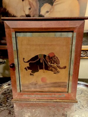Small Door Cabinet-w/Vintage Inspired Elephant On a Ball Art-13.5''H X 11.25''W-