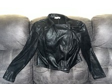 She+sky Black Snake Skin Leather Short Bomber Jacket Size Large
