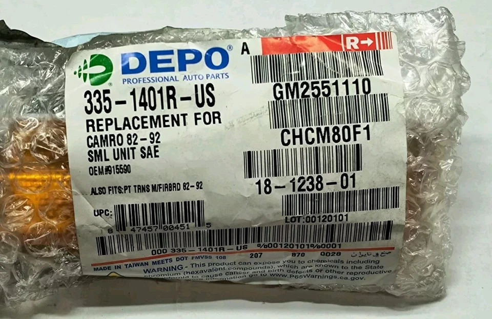 82-92 FIREBIRD TA CAMARO Z28 RH PASSENGER SIDE FRONT SIDE MARKER LIGHT GM2551110 - Image 4 of 4