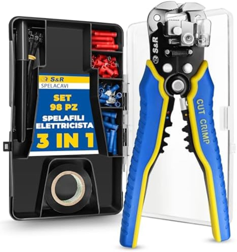 S&R Pinza Spelafili Automatica 5 in 1 â€" Set 98 Pezzi: Crimpatrice, Taglierino,