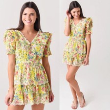 LoveShackFancy Aldina Mini Dress Sz Small Yellow Floral Print Tiered Ruffle Skir