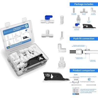1/4'' Push to Connect Water Line Fittings Kit RO DI Refrigerator Ice Maker 24pc