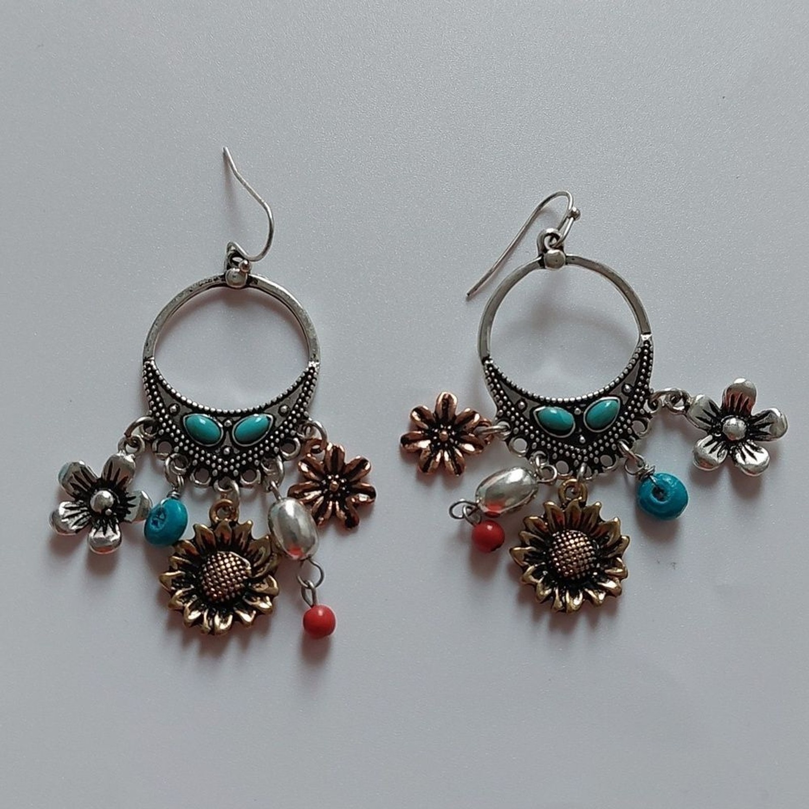 Boho Chic Multi Charm Dangle Earrings Tri Tone Me… - image 1