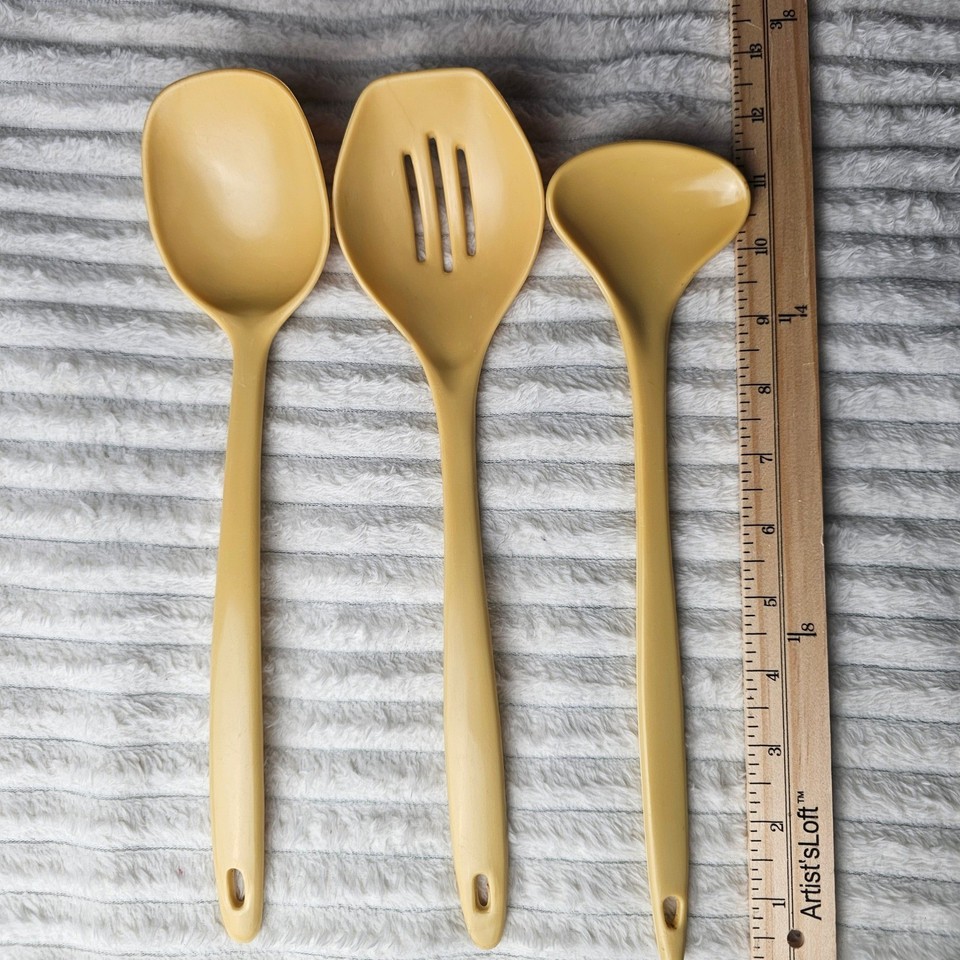 A crisp 3-piece MCM melamine utensil set in iconic Harvest Gold — the exact color that makes retro kitchen lovers swoon.