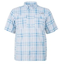 HABIT MENS SHORT SLEEVE RIVER SHIRT, Size Medium Baitfish Plaid Peach/Blue NEW