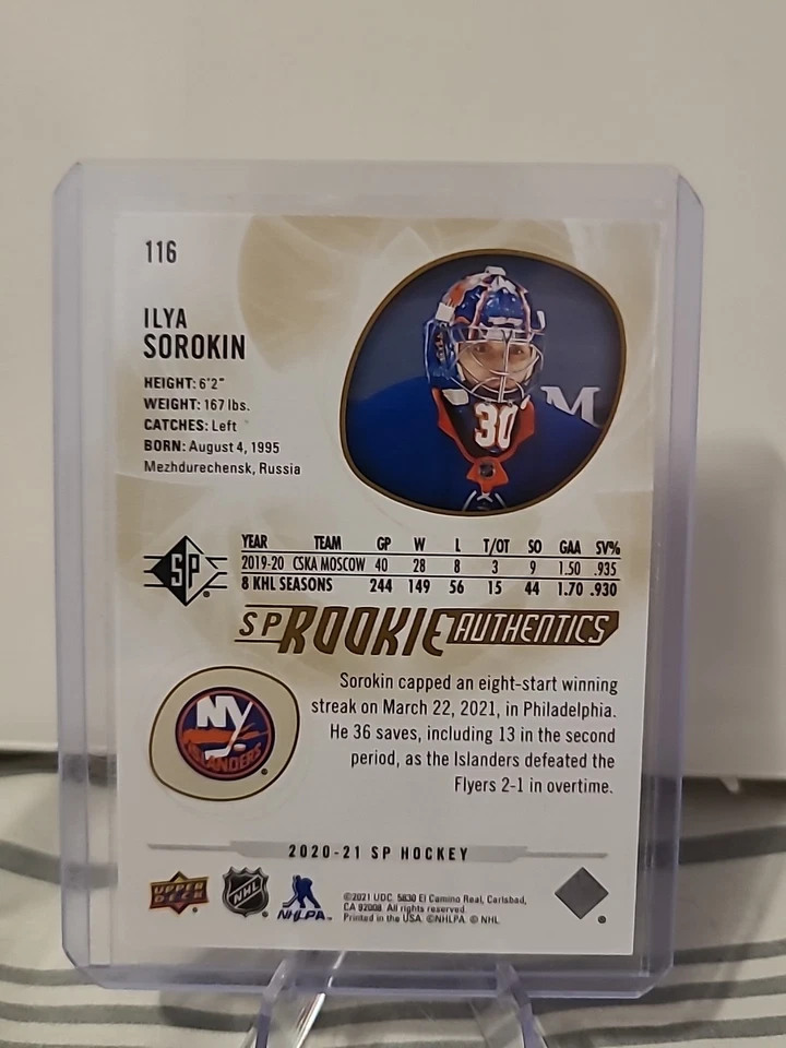 2020-21 SP Retail Rookie Authentics Gold /999 Ilya Sorokin #116 Rookie RC - Image 2 of 4