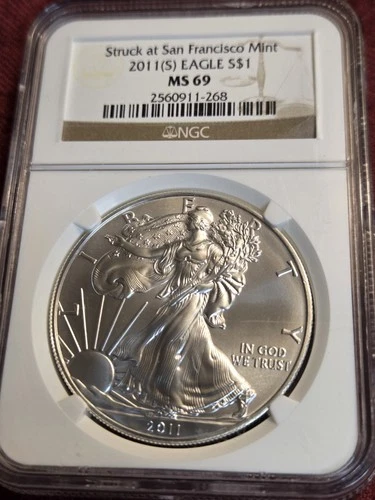 2011 S SILVER AMERICAN EAGLE  IN NGC GRADED MS69 BRILLIANT UNCIRCULATED.