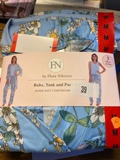 FN by Flora Nikrooz M L 3-Piece Pajama Set Robe Tank Pants Blue Floral NWT