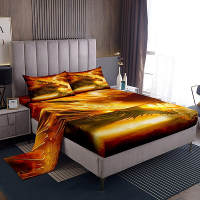 Castle Fairy Dragon Bed Sheet Set Queen Size,3D Animal Print, Fitted Sheet 4Pcs 