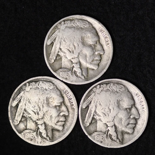 SET OF 3 COINS 1916 P D S Buffalo Nickels G / VG FREE SHIPPING