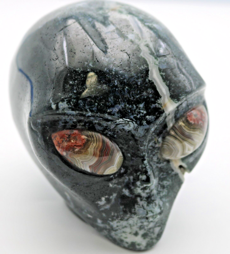 XL Green MOSS Solid Agate ALIEN Head Skull with Lace Agate GEMSTONE Eyes - Picture 6 of 13