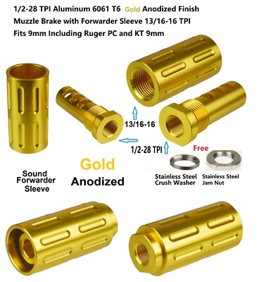 1/2x28 TPI Gold Anodized Aluminum Muzzle Brake With 13/16-16 Forwarder Tube 9MM
