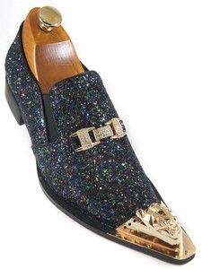 black shoes with gold buckle