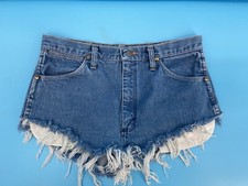 VTG Wrangler Cut Off Shorts 32 Jean Frayed USA Made Leather Patch Pocket Showing