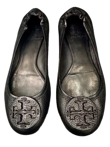 Tory Burch Vintage Minnie Ballet Flats US 7 Black Tumbled Leather Double T Logo - Picture 4 of 11