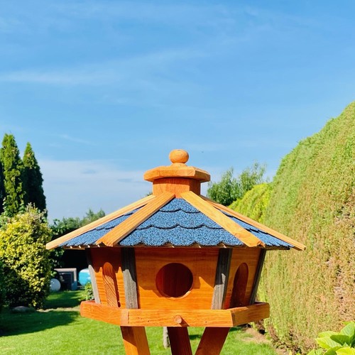 DARLUX Vogel Futter Haus L Sechseck Holz Vogelhaus + Ständer Braun/ Blau - Picture 7 of 10