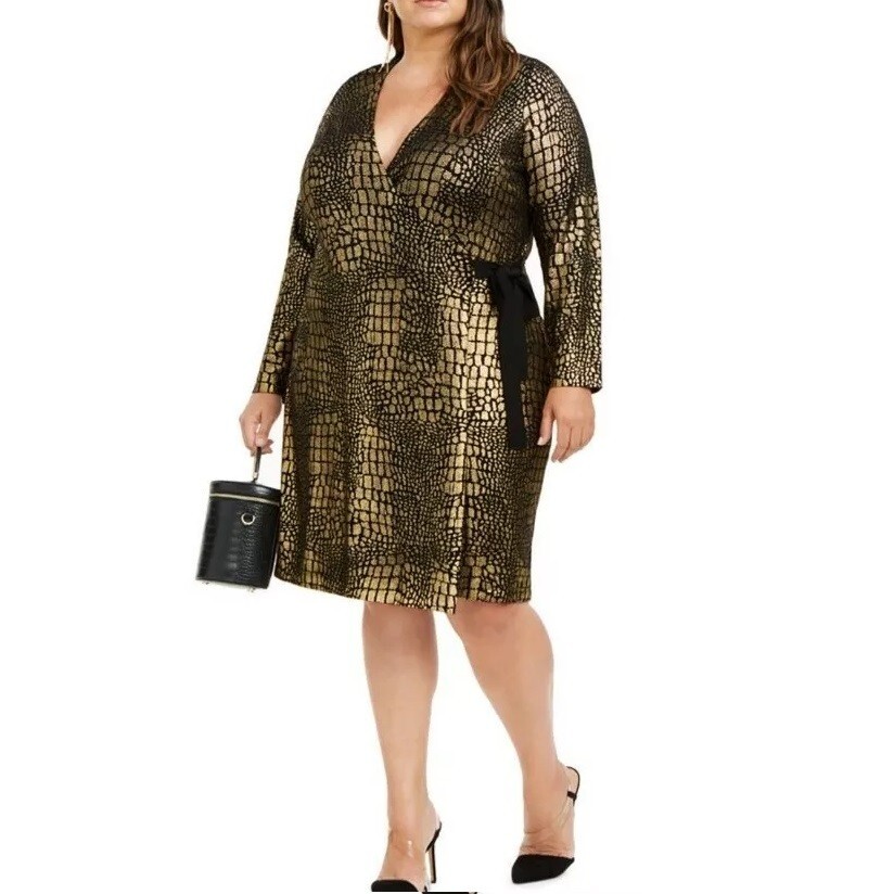 plus size gold wrap dress INC Womens Plus 1X Gold Giraffe Printed V Neck Wrap Dress NWT CY43