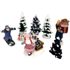 Christmas Village Background Trees Snowman Sleds Model Railroad Accessories Vtg