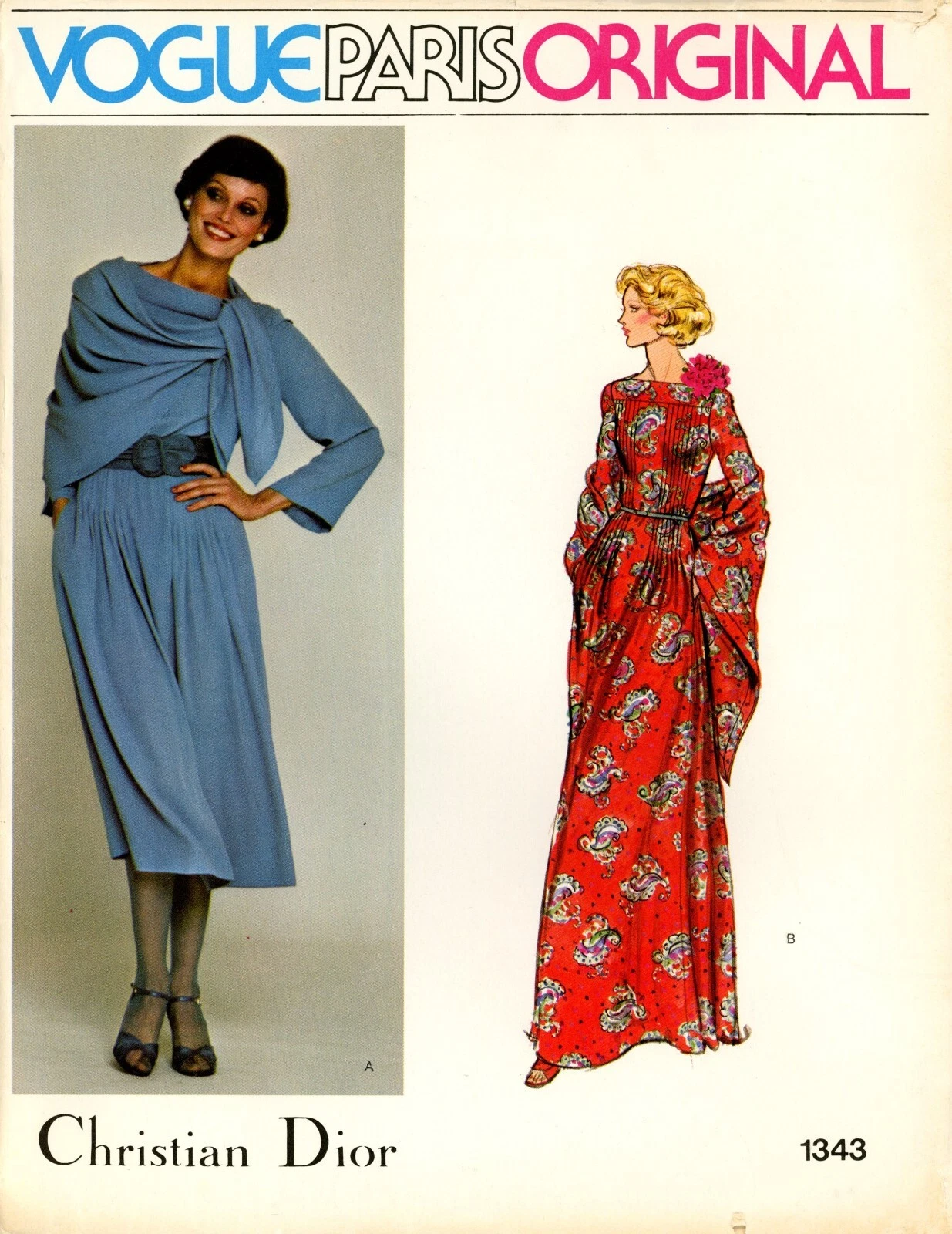 Robe à encolure ras du cou Vogue 1343 CHRISTIAN DIOR Bateau avec tucks, manche cloche, châle taille 8 COUPE