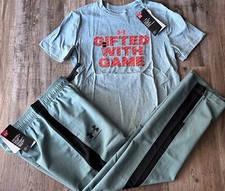 NWT Under Armour Boys YMD Gray/Khaki Green/Black GIFTED WITH GAME Wind Pants Set
