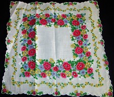 Vintage Hankie Floral Cheery Colorful Scalloped Lovely 
