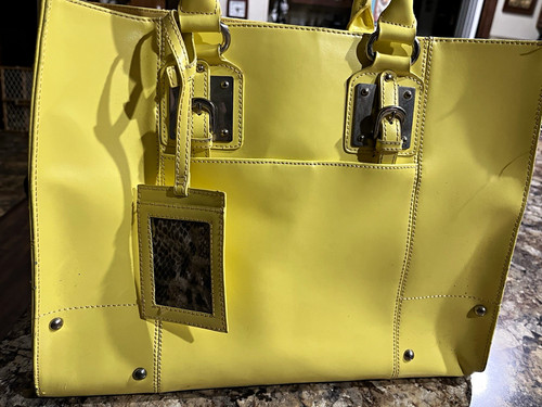 Wilsons Leather Yellow Tote Bag w/ Luggage Tag, Magnetic, Pockets, Lined
