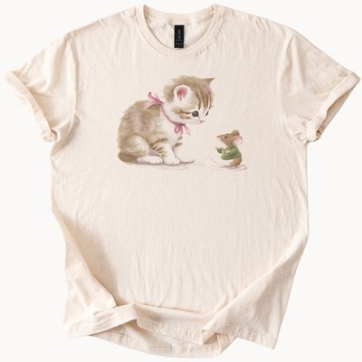 Adorable Kitten with Pink Bow and Mouse in Sweater Graphic Animal Tee Shirt