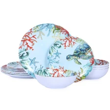 12-Piece Melamine Turtle Dinnerware Set, Ocean Plates and Bowls Sets, Indoor ...