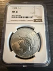 1922 Silver Peace Dollar Coin (90% Silver, 10% Copper) NGC Graded MS61