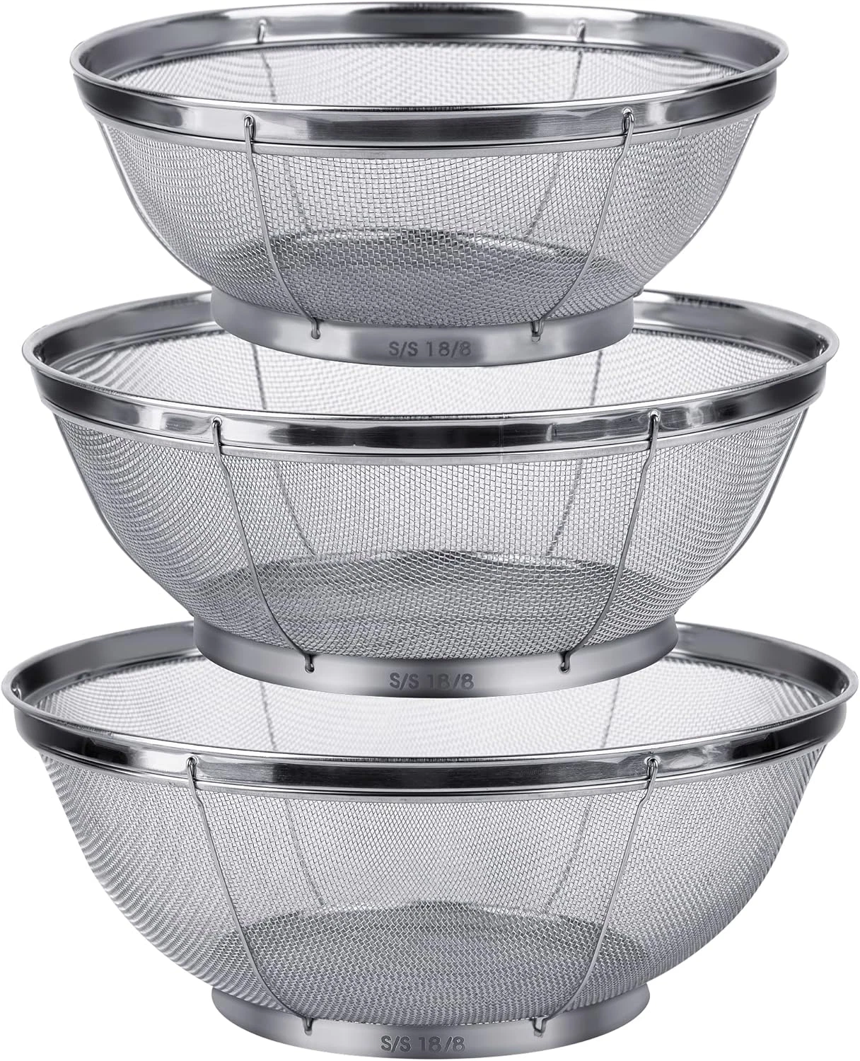 3 Pack Strainers for Kitchen, 18/8 Stainless Steel Colander, Fine Mesh Strainer