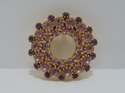 Vintage Purple Rhinestone Circle Brooch Pin Gold Tone