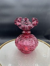 Vintage Fenton Glass Cranberry Beaded Ruffle Top Melon Vase 6  