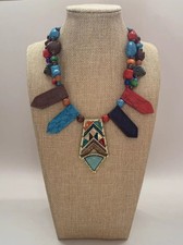 Chunky Ethnic Multi Colorful Necklace Tribal Turquoise-Blue Beaded Bib Statement