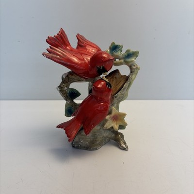 Vintage Ceramic Red Cardinal Birds Figurine on Tree Stump 6 