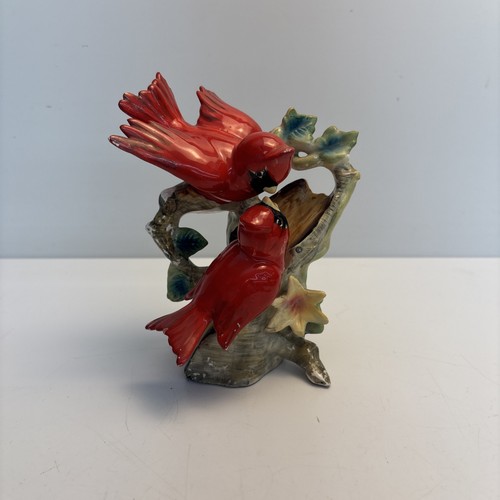 Vintage Ceramic Red Cardinal Birds Figurine on Tree Stump 6”