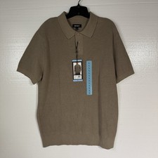 DKNY Sweater Polo Shirt Mens L Taupe Cotton Short Sleeve Ribbed Knit Classic