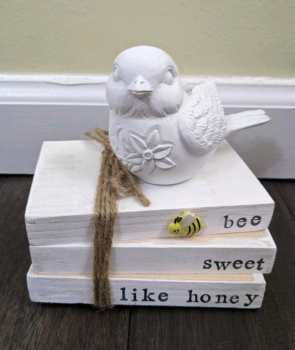 Distressed Wood Bee Sweet Like Honey Shelf Sitter Set Of 2 w/ Bird New Decor 