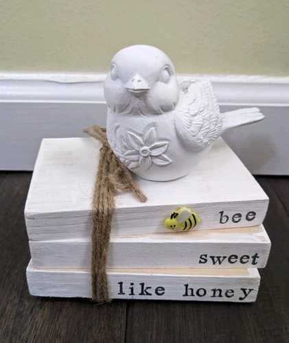 Distressed Wood Bee Sweet Like Honey Shelf Sitter Set Of 2 w/ Bird New Decor