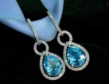 4Ct Pear Cut Blue Topaz Diamond Halo Drop Dangle Earrings 14K White Gold Finish