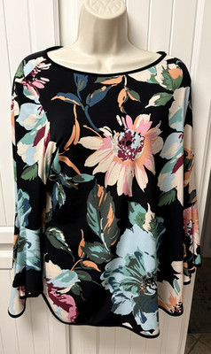 Coco Bianco Black floral womens blouse flared sleeves Size L NWOT