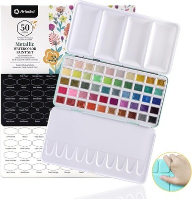 Artecho Metallic Watercolor Paints, 50 Count (Pack of 1), 50 Colors 