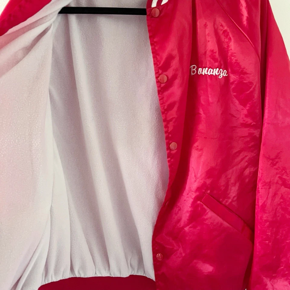 Vintage 80s Bonanza Restaurant Red Satin Bomber Snapbutton Jacket XL USA Nylon - Image 2 of 4